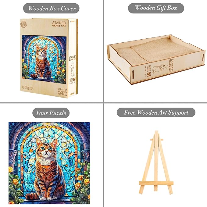 KAAYEE Wooden Puzzles for Adults, Stained Glass Cat 300 Piece Unique Animal Shape Puzzle, Cat Wood Puzzle for Adults, Creative Gifts for Friends/Family, Home Decor(13.4 * 13.3in)