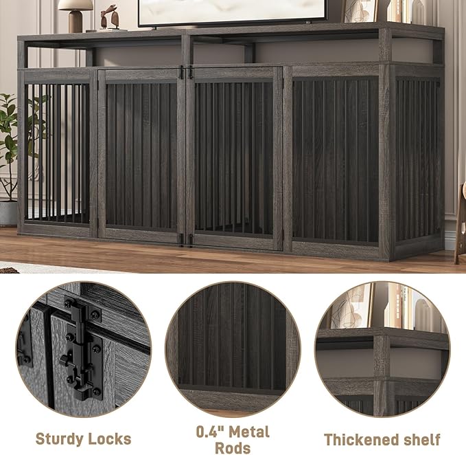 87In Farmhouse Dog Crate TV Stand, Wooden Dog Kennel Furniture with 2 Doors, Large Dog Crate Furniture for 2 Dogs, Solid Metal Tube & 4 Lockable Doors, Grey