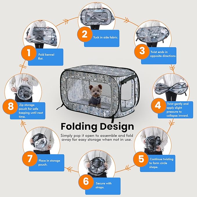 Beatrice Home Fashions Portable, Collapsible, Pop Up Kennel Travel Cat and Dog Crate, 24" L x 16.6" W x 16" H, Tail Waggers