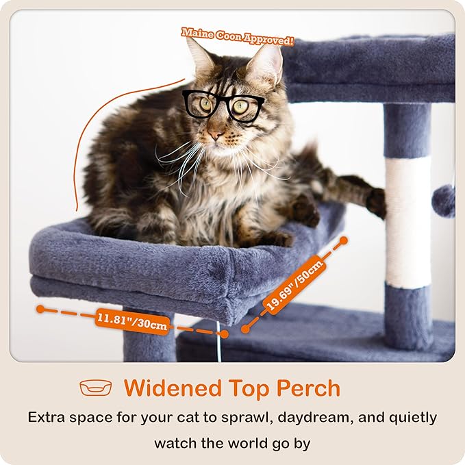 Ouritsu Cat Tree, 61 inch Tall Cat Tower for Large Cat Indoor, Enlarged Condo, 2 Padded Perches with 1 Widened, Large Hammock, Scratching Post and ramp, Fluffy Basket, Dark Gray, LF002DG