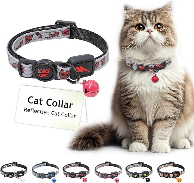 DOCO Cat Collar Breakaway Safety Buckle - Reflective Kitten Collar with Bell, Adjustable Nylon Strap for Kittens & Adult Cats - Red, Neck Girth - 3/8" x 7.5-12", Weight Up to - 13lb