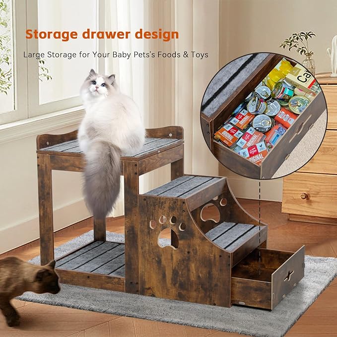 Pet Window Perch with Stairs, Super Large Pet Bunk Bed for Cats, Multi-Level Pet Seat Platform with Mats, Pet Bed Couch with Drawers for Bedside(Large)