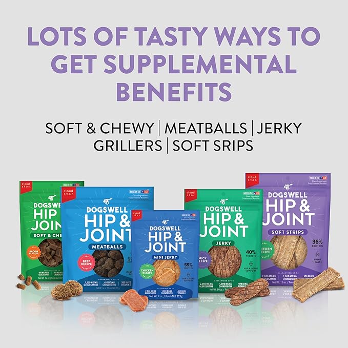 DOGSWELL Hip & Joint Dog Treats 100% Meaty, Grain Free, Glucosamine Chondroitin & Omega 3, Chicken Soft Strips 12 oz