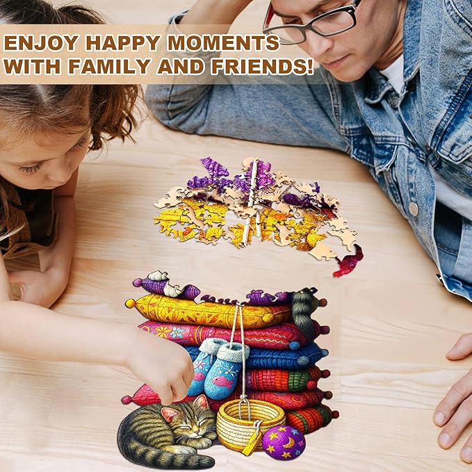 KAAYEE Wooden Puzzles for Adults, Pillow Kitten Puzzles, 210 Piece Unique Animal Shape Puzzle, Cat Wood Puzzle for Adults, Creative Gifts for Cat Lover/Friends/Family, Home Decor(13.4 * 10.2in)