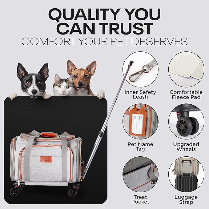 Premium Expandable Pet Carrier with Wheels - Airline Approved Rolling Travel Carrier for Small Dogs & Cats - Detachable Design with Name Tag, Seatbelt Buckles & Treat Pocket (18x11x11) - Ice Gray