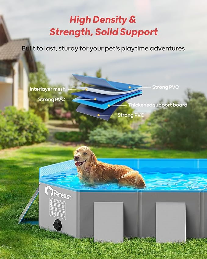 Peteast Foldable Dog Pool with Sturdy Square Design, Durable 82" Lx46 Wx12 D Extra Large Portable Pet Bathtub with Reinforced Sidewalls for Stability, Ideal for Indoor & Outdoor Use (Blue&Gray)