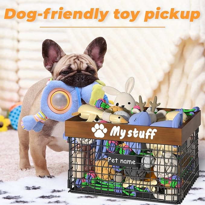 Dog Toy Bin Toy Basket Metal Storage Box with Handles Dog Organizer Chew-Proof Dog Toy Box Blankets Leashes Chest Puppy Dog Toy Storage Wood Metal Container Home Decor Pet Toys Dog Cat
