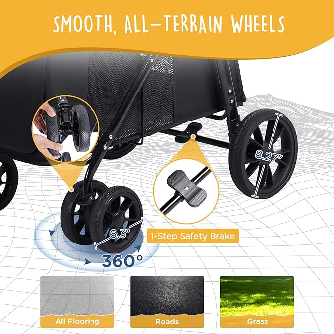 Scout Pet Stroller, 4-Wheel Design for Small/Medium Dogs - One-Button Fold, Adjustable Mesh Windows & Shades, 360° Swivel Front Wheels, Rear Wheel Brake for Safety, Black