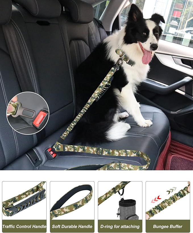 Hotsky Tactical Dog Leash Heavy Duty for Medium Large Dogs That Pull,4-6Ft Strong Bungee Shock Absorbing No Pull Dog Leash with Padded Double Handle and Car Seatbelt,Army Camo