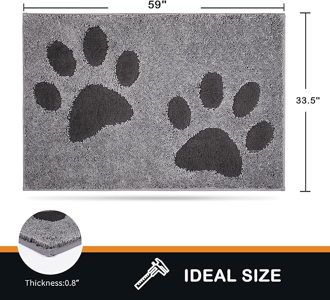 PURRUGS Dirt Trapping Door Mat 33.5" x 59", Non-Skid/Slip Machine Washable Microfiber Entryway Rug, Dog Doormat, Super Absorbent Welcome Mat for Muddy Wet Shoes and Paws, Grey