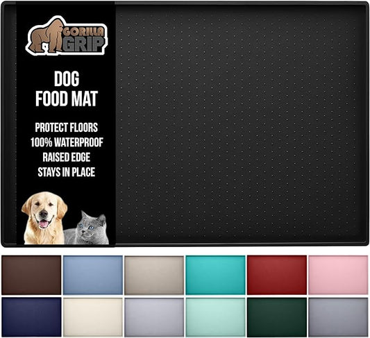 GORILLA GRIP 100% Waterproof Raised Edge BPA Free Silicone Pet Feeding Mat, Dog Cat Food Mats Contain Spills Protects Floors, Placemats for Cats and Dogs Water Bowl, Pets Accessories 23x15 Black