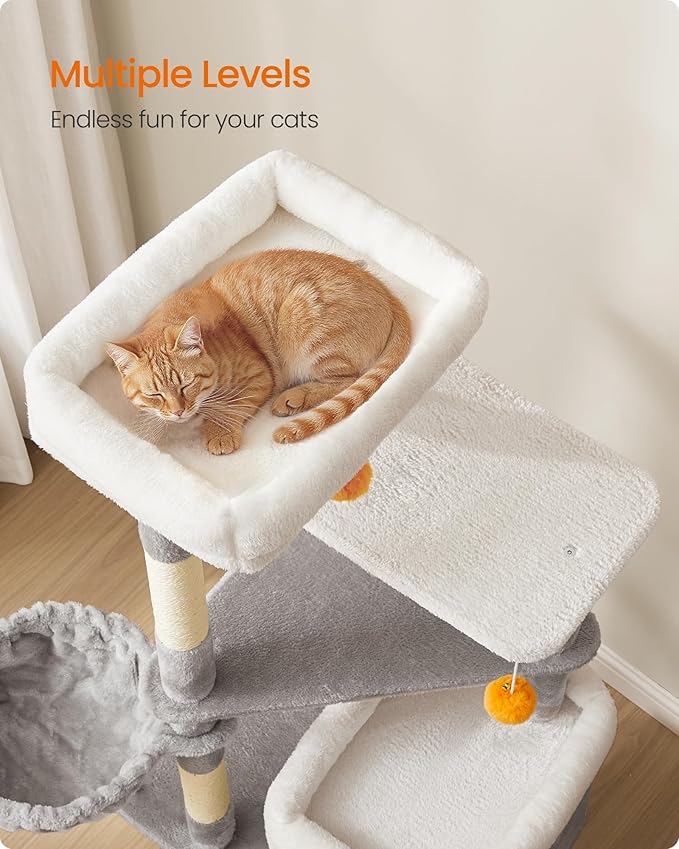 Feandrea Tall Cat Tree Tower, Multiple-Level Cat Condo with 2 Caves, 3 Scratching Posts, 3 Perches, Dove Gray UPCT007G01