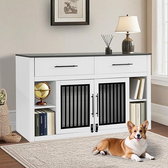 Lovupet Wooden Dog Crate Furniture, Pet House End Table with Large Drawers, Pet Crate for Small/Medium Dogs 1858 (White and Grey)