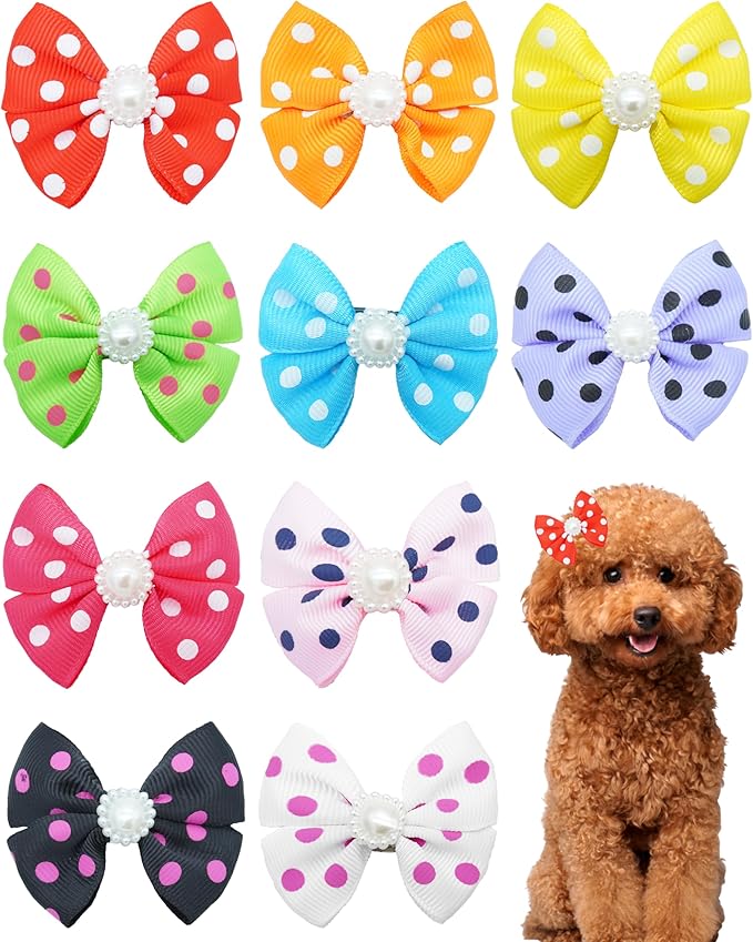 PET SHOW 10Pcs 2" Dot Small Dogs Hair Bows with French Clips Yorkie Bowknot Barrette Clips for Medium Dogs Pet Topknot Cat Grooming Hair Accessories