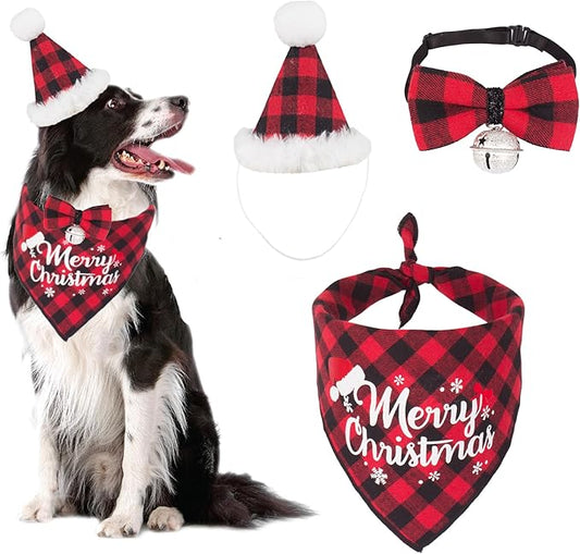 ADOGGYGO Christmas Dog Bandana Hat Bowtie, Red Plaid Pet Christma Hat Scarf Xmas Outfit Costume Accessories for Medium Large Dogs (Large)