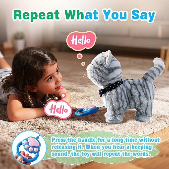 Gray Leash Walking Cat Set Toy Interactive Talking Cat Singing Dancing Kitten Mimicking Repeat What You Say Kitty Touch and Voice Control Nodding Wagging Tail Plush Electric Robot for Kid Girl