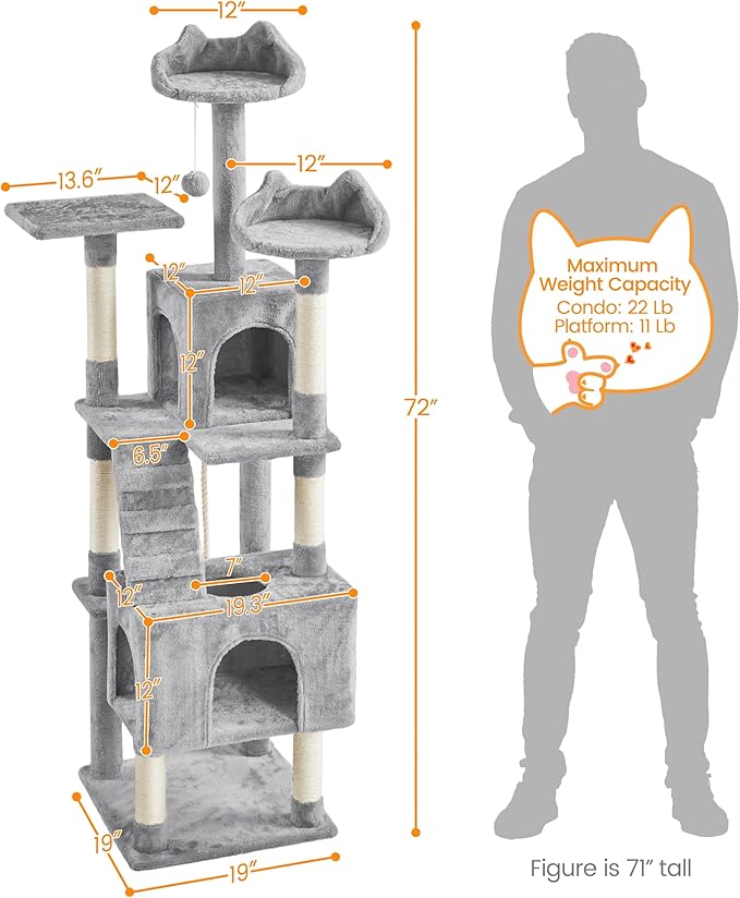 Yaheetech XL Cat Tree, 72in Multi-Level Cat Tower with 2 Cozy Caves, 3 Soft Perches, Scratching Posts, Board, and Dangling Ball, Pet Furniture Play House for Kittens/Cats, Light Gray