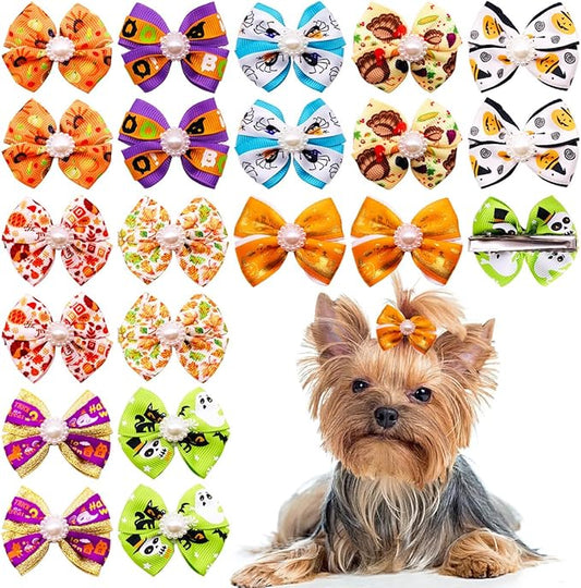 PET SHOW 20pcs Dog Hair Bows with Alligator Clips for Small Medium Dogs Bowknot Hair Clips Cat Puppy Yorkshire Grooming Hair Accessories Assorted (Halloween Thanksgiving Day)