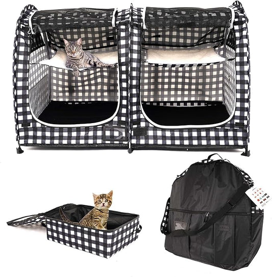 Mispace Portable Twin Compartment Show House Cat Cage/Condo - Easy to Fold & Carry Kennel - Comfy Puppy Home & Dog Travel Crate with Carry Bag/Two Hammocks/Mats and Collapsible Litter Box
