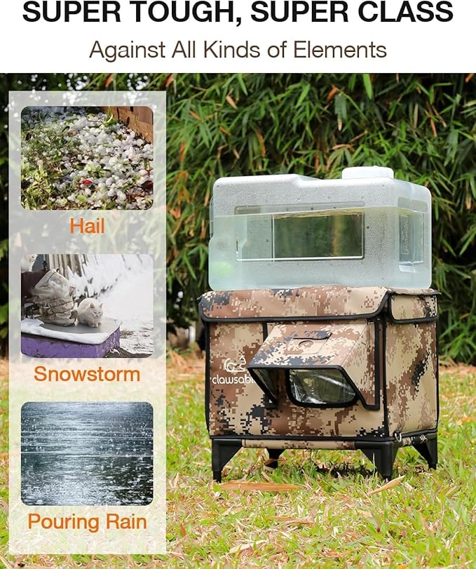 Indestructible Heated Cat House for Outside Winter, 100% Waterproof, Safe Escape Door, Insulated Outdoor Cat Shelter with Heater for Feral Barn Cat Kitty (Desert Camouflage, 27"x17"x18")