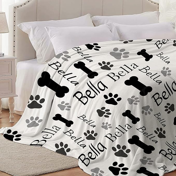 Custom Pet Name Personalized Dog Blanket, Puppy Gift for Dog Lovers, Cute Dog Paw Prints Soft Flannel Throw Blanket for Bed, Sofa, Travel, Large 80"x60" for Adults