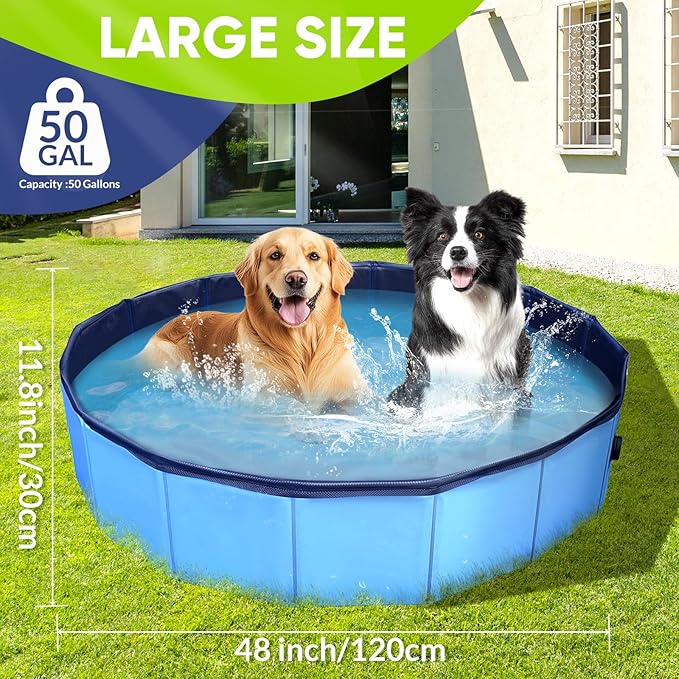 Dog Pool, Foldable Pet Swimming Pool with 6mm High-Strength PP Board, Hard Plastic Collapsible Doggy Pools for Small Dogs Kitty Duck, Non-Slip Doggie Bathtub Quick to Set Up and Drainage Hole, 48"