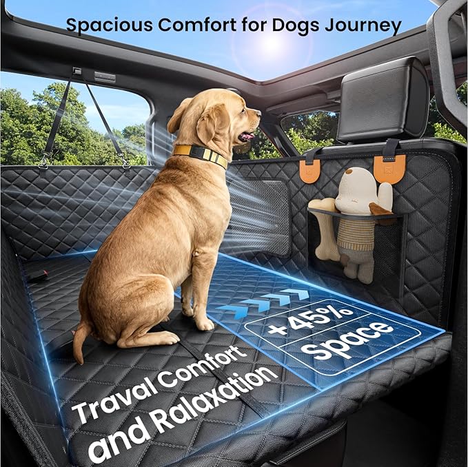 REEVAA Dog Car Seat Cover for Back Seat, Hard Bottom Dog Hammock, Pet Bed Extender for 2-4 Large/Medium Dogs, Ruff Waterproof Seat Protector, Rover Universal L Size for SUV Medium Truck, Black+Orange