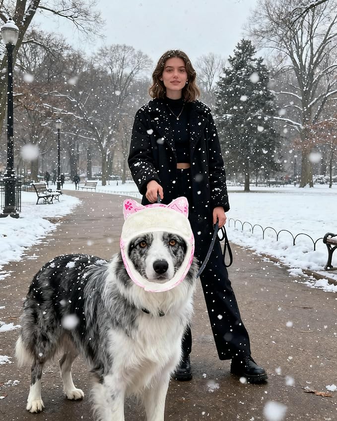 PET SHOW Dog Trapper Hat Winter Hat for Medium Large Dogs Warm Fleece Aviator Hats with Ear Flaps Adjustable Outdoor Girl Pet Pilot Costume Cap L-Pink Paw/Without Ear Holes