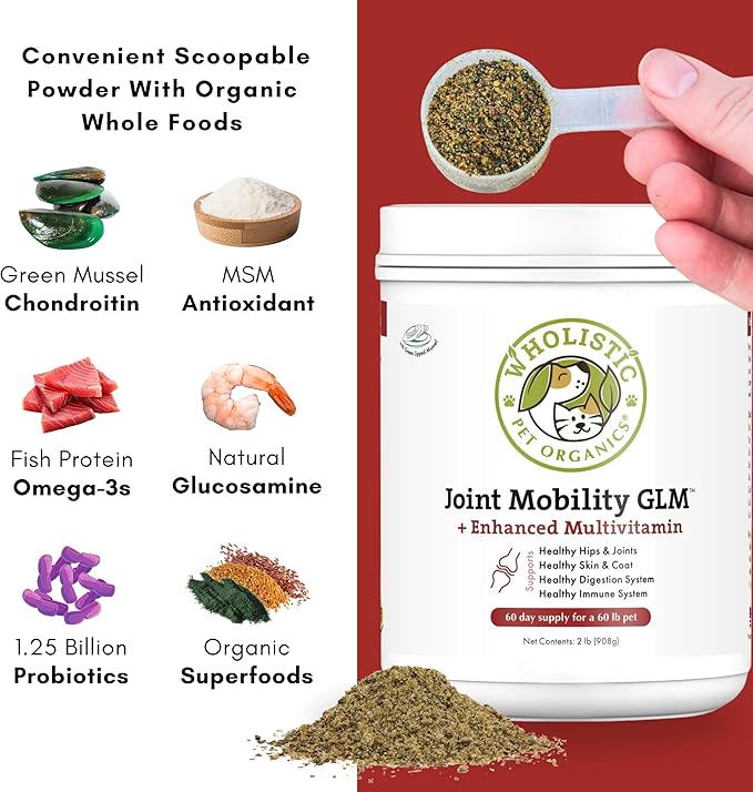Wholistic Pet Organics Joint Mobility GLM - 2 Lb - Hip and Joint Supplement for Dogs - Glucosamine for Dogs - Chondroitin Supplement with Green Lipped Mussels - Senior to Puppy - Large & Small Breeds