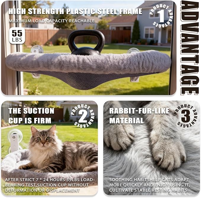 Cat Window Perch with Strong Suction Cups, Cat Window Hammock Foldable Bed with Breathable Mesh, All-Season Lounger for Medium Small Cats to Bird Watch & Sunbathe (Grey, XL)