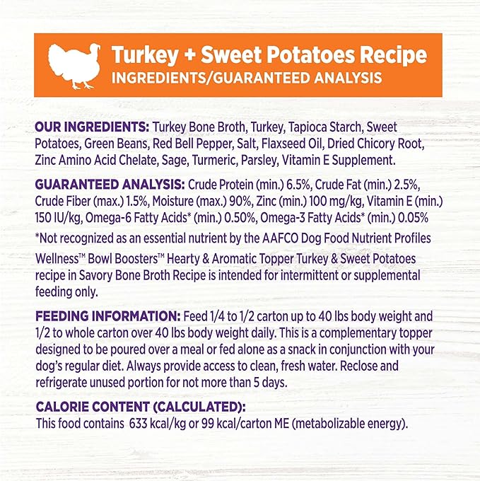 Wellness Bowl Boosters Hearty Toppers, Wet Dog Food Topper for Small, Medium, & Large Breeds, Grain Free, Natural, Turkey & Sweet Potatoes in Broth, 5.5 Ounce Pouch (Pack of 12)