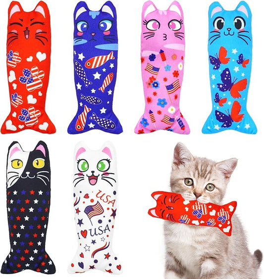 4th of July Cat Toys for Indoor Cats Patriotic Large Adult Cat Catnip Plush Toys with Crinkle Independence Day Kitten Chewing Kicker Toy 6 PCS