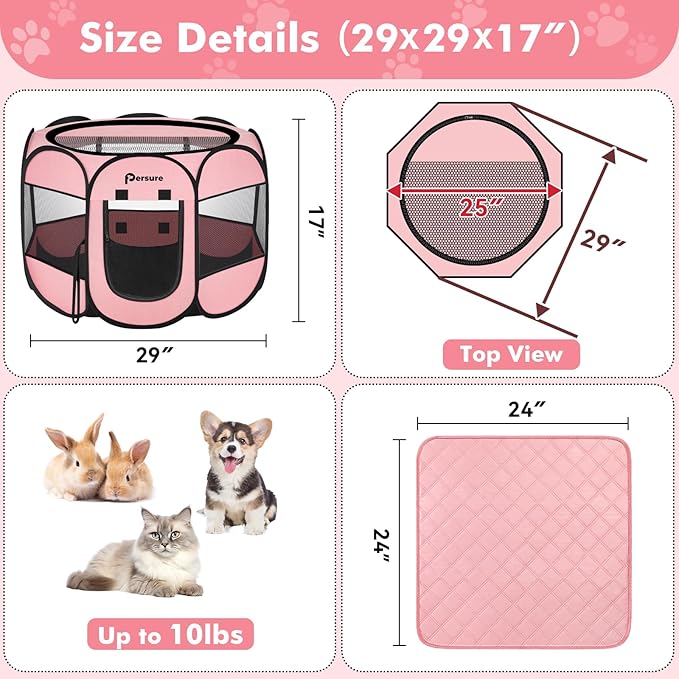 Dog Cat Playpen Indoor Outdoor for Puppy Pet Dogs Cat Recovery After Surgery, Dog Tent Crates Cage Indoor/Outdoor, Portable Pop Up Kennel with Carrying Case for Travel (Premium Pink with Pad, Small)