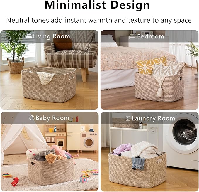 OIAHOMY 75L Large Woven Cotton Rope Storage Basket with Handle for Organizing Blanket and Toys for Living Room, Nursery, Brown Variegated 22”x17”x12”