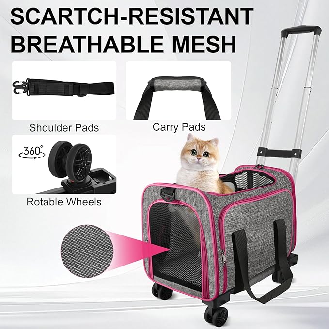 Pet Carrier with Wheels Up to 33 lbs Airline Approved Cat Carrier Rolling Pet Carrier w/Removable Wheels & Expandable Side Washable Plush Mat Pet Travel Carrier with Telescopic Handle & Shoulder Strap