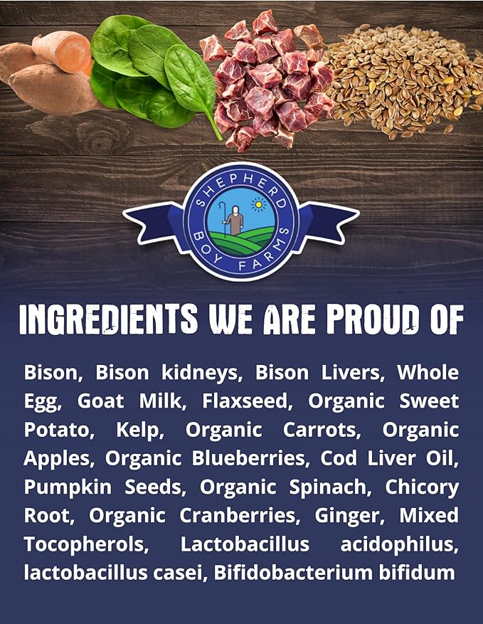 Shepherd Boy Farms Freeze Dried Raw Dog Food, Bison Recipe, All Natural, No Synthetics, Made in USA with Goat's Milk & Organic Produce, High Protein, Complete Meal (14oz)
