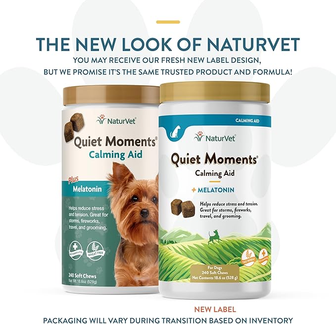 NaturVet Quiet Moments Calming Dog Supplement, Dog Soft Chews with Melatonin to Help Reduce Stress from Storms, the Vet, Fireworks, and Travel, Bacon and Chicken Flavored Pet Supplement, 240 Count Jar