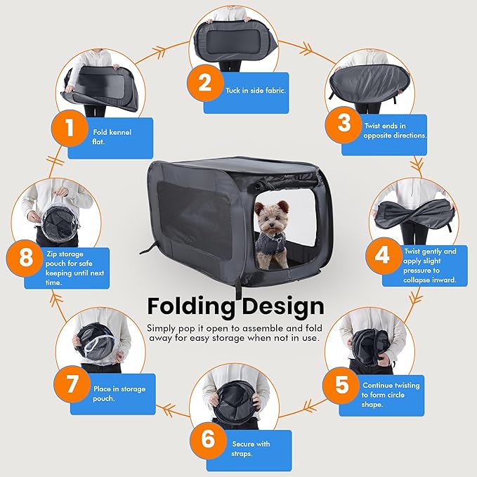 Beatrice Home Fashions Portable, Collapsible, Pop Up Kennel Travel Cat and Dog Crate, 36" L x 22" W x 22" H, Black