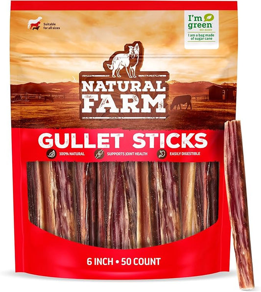 Natural Farm Gullet Sticks (6 Inch, 50 Pack) - One Ingredient Beef Esophagus Chews - Fully Digestible, Promotes Joint & Dental Health, for Pups, Small & Senior Dogs