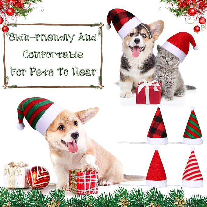 Svee 8 Pieces Christmas Santa Hats for Dog Cat with Adjustable Chin Strap Holiday Party Cute Costumes for Puppy Kitten Small Dogs and Cats Winter Party Dress up Props Supplies Gifts(Striped)