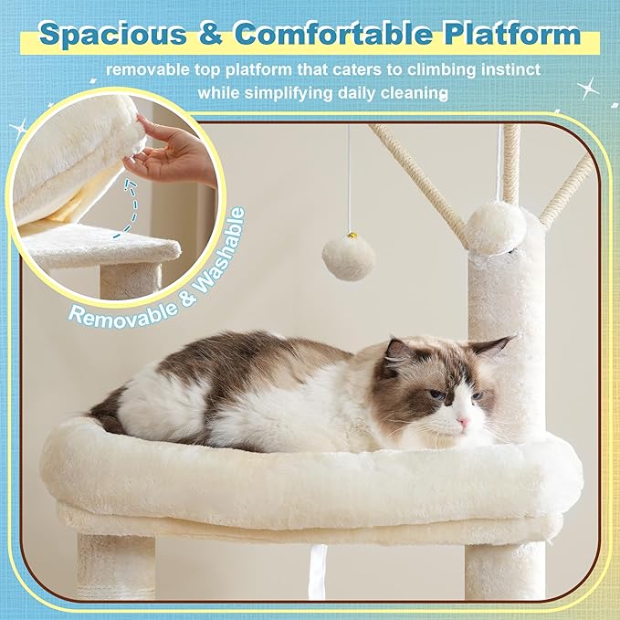 Hey-brother Cat Tree Tower, Scratching Posts with 3 Condos, Large Basket, Cozy Bed, Sisal Board, Step-by-Step Climbing Pathway and Toys, 74.8 inches Furniture for Big Indoor Cats, Beige MPJ081M