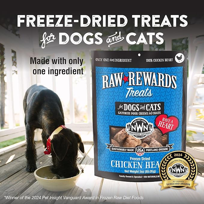 Northwest Naturals Raw Rewards Freeze-Dried Chicken Heart Treats for Dogs and Cats - Bite-Sized Pieces - Healthy, 1 Ingredient, Human Grade Pet Food, All Natural, Proudly Made in USA, 3 Oz