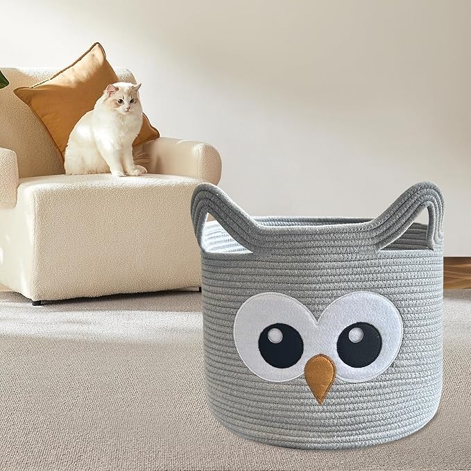 VK VK·LIVING Owl Storage Basket for Gift Foldable Cute Nursery Animal Toy Basket with Handles, Large Cotton Rope Baby Laundry Storage Organizer for Blanket Towels in Living Room Bedroom 15"Lx14"H
