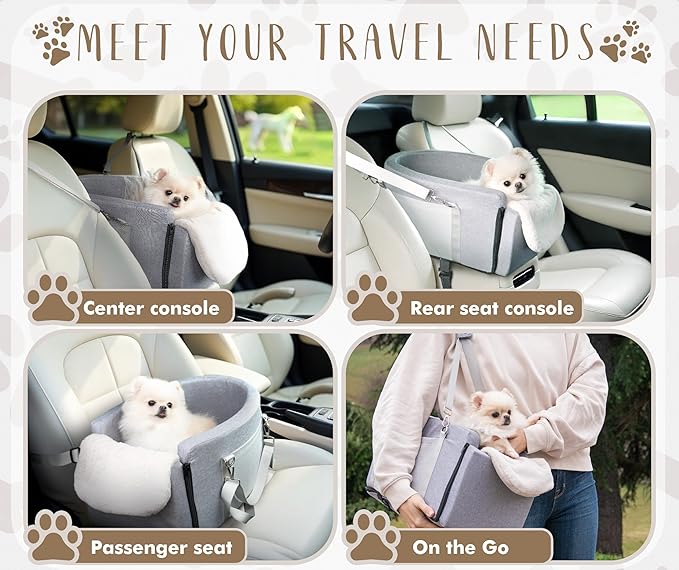 Multi-Function Small Dog Car Seat Center Console & Carrier - Sturdy Console Dogs Car Seats for Small Dogs & Cats, Pet Dog Bed for Cars Back Seat for Up to 11 lbs, 19 x 10 x 9.5 Inches, Gray
