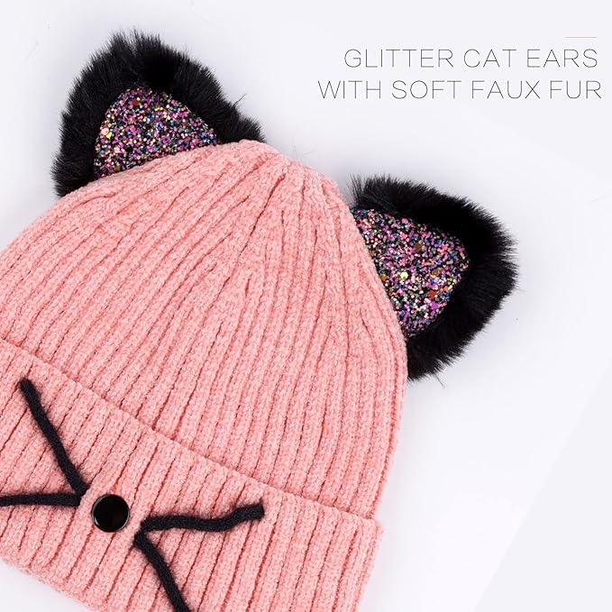 Kids Girls Cat Ear Hat Winter Warm Knit Beanie Cute Ski Skull Cap for Ages 7-12