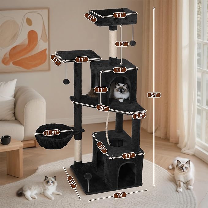 Cat Tree, 54-Inch Cat Tower for Indoor Cats,Plush Multi-Level Cat Condo with Scratching Posts, Basket, Perches,2 Caves,2 Pompoms(Black)