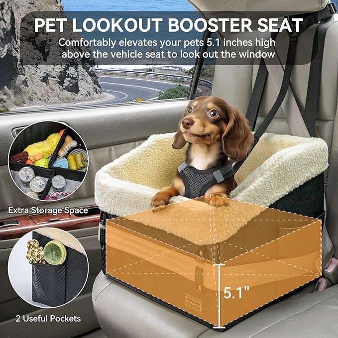 PETSFIT Small Dog Car Seat, Waterproof PU Leather Dog Booster Car Seat with Patented Safe Buckles, Detachable Washable Cushion, 2 Storage Pockets, Dog Car Seat Medium Sized Dog up to 30 lbs (Black)