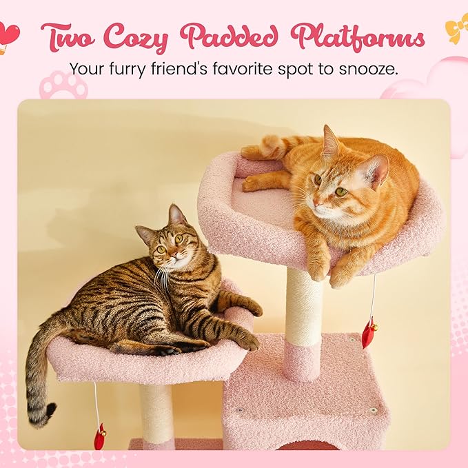 MWPO Cute Cat Tree, 70.1-Inch Tall Pink Cat Tower for Indoor Cats Large Adult, Multi-Level Cat Condo with 5 Scratching Posts, 2 Padded Perches, Hammock, Dangling Toys