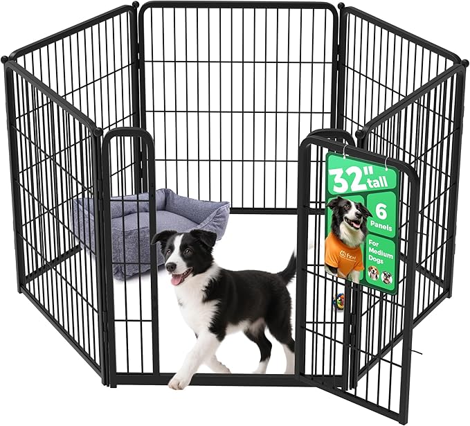 FXW Homeplus Unleashed Indoor Dog Playpen - Stress-Free and Safe Play, Heavy Duty 32 Inch 6 Panels Dog Pen for Small and Medium Dogs, Black│Patented