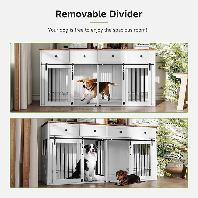 Real Relax 71” Large Dog Crate Furniture for 1 or 2 Dogs with Sliding Door, Heavy Duty Dog Kennel Furniture for Small/Medium Dogs with 4 Bowls, Dog Cage with Steel Frame, White